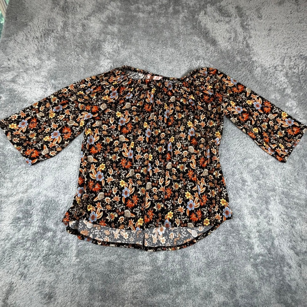 Amana Floral Off The Shoulder Blouse XL Black Multi Color Bell Sleeve Boho Top